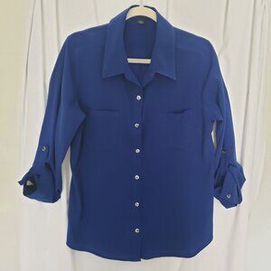 Woman Blue Button Up Collar Formal Blouse Size L